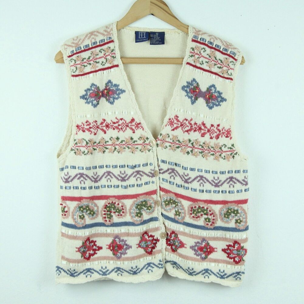 Vintage‎ Sweater Vest M L Cottagecore Granny Floral Embroidered Cute 90s Pastel